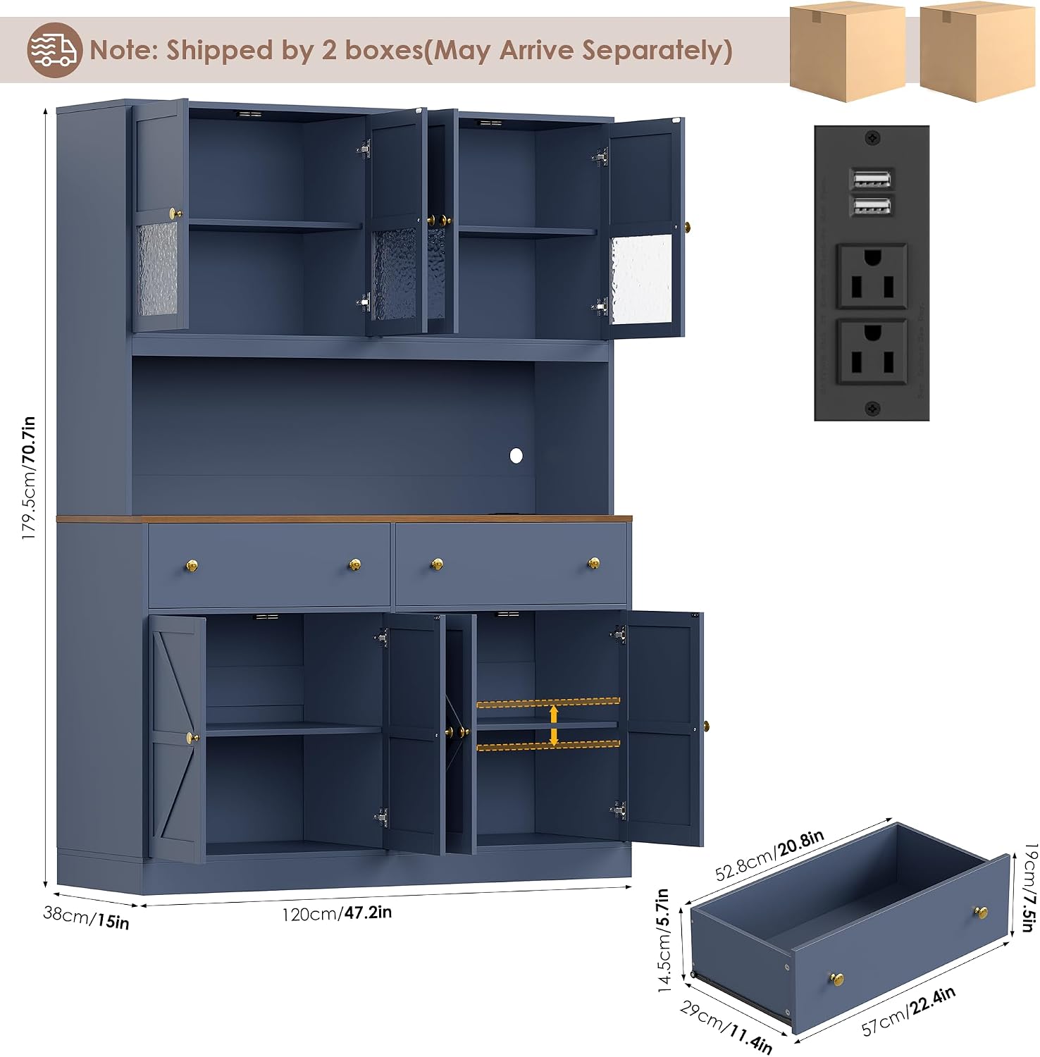 FINETONES 71" Pantry Cabinet with LED Light and Charging Station | Farmhouse Kitchen Pantry Cabinet with Microwave Stand, 47.2" Wide Kitchen Hutch Food Pantry with Open Countertop, Blue