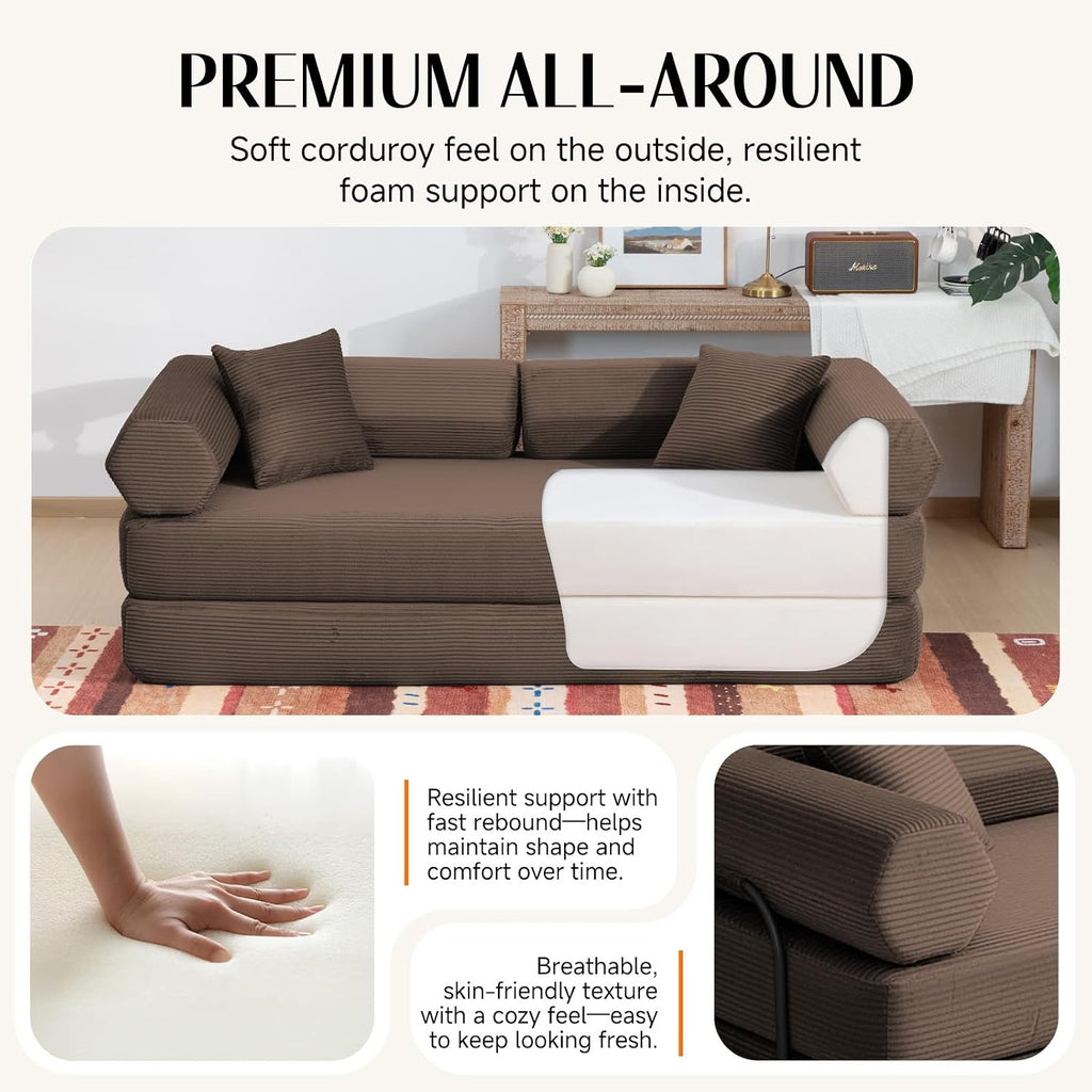 79" Corduroy Sofa Bed, Couch in a Box with 2 Pillows, High-Density Foam 4-in-1 Foldable Sleeper Futon Loveseat for Small Spaces, No Assembly, Side Pockets, Hex Arm Brown