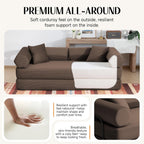 79" Corduroy Sofa Bed, Couch in a Box with 2 Pillows, High-Density Foam 4-in-1 Foldable Sleeper Futon Loveseat for Small Spaces, No Assembly, Side Pockets, Hex Arm Brown
