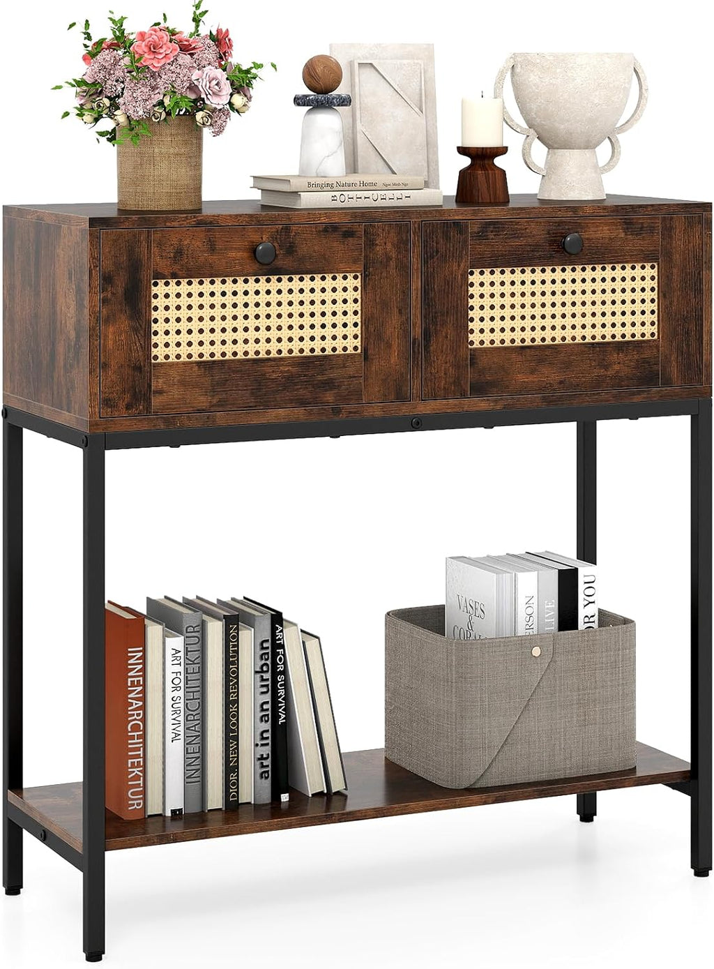 GOFLAME Rattan Console Table, Boho Entryway Table with 2 Drawers & Open Storage Shelf, Narrow Long Sofa Table with Metal Legs, Foyer Table Behind Couch Table for Living Room, Hallway, Rustic Brown