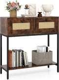 GOFLAME Rattan Console Table, Boho Entryway Table with 2 Drawers & Open Storage Shelf, Narrow Long Sofa Table with Metal Legs, Foyer Table Behind Couch Table for Living Room, Hallway, Rustic Brown