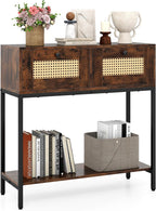 GOFLAME Rattan Console Table, Boho Entryway Table with 2 Drawers & Open Storage Shelf, Narrow Long Sofa Table with Metal Legs, Foyer Table Behind Couch Table for Living Room, Hallway, Rustic Brown