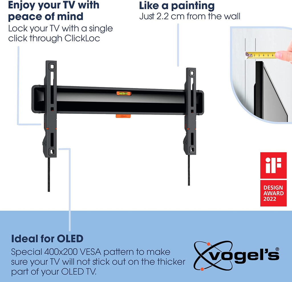Vogel's TVM 3405SP Flat OLED TV Wall Mount for 32-77 inch TV, Max. 50kg, TV Holder Max. VESA 400 x 200 (LG OLED B and C Series), Distance to The Wall only 2.2 cm