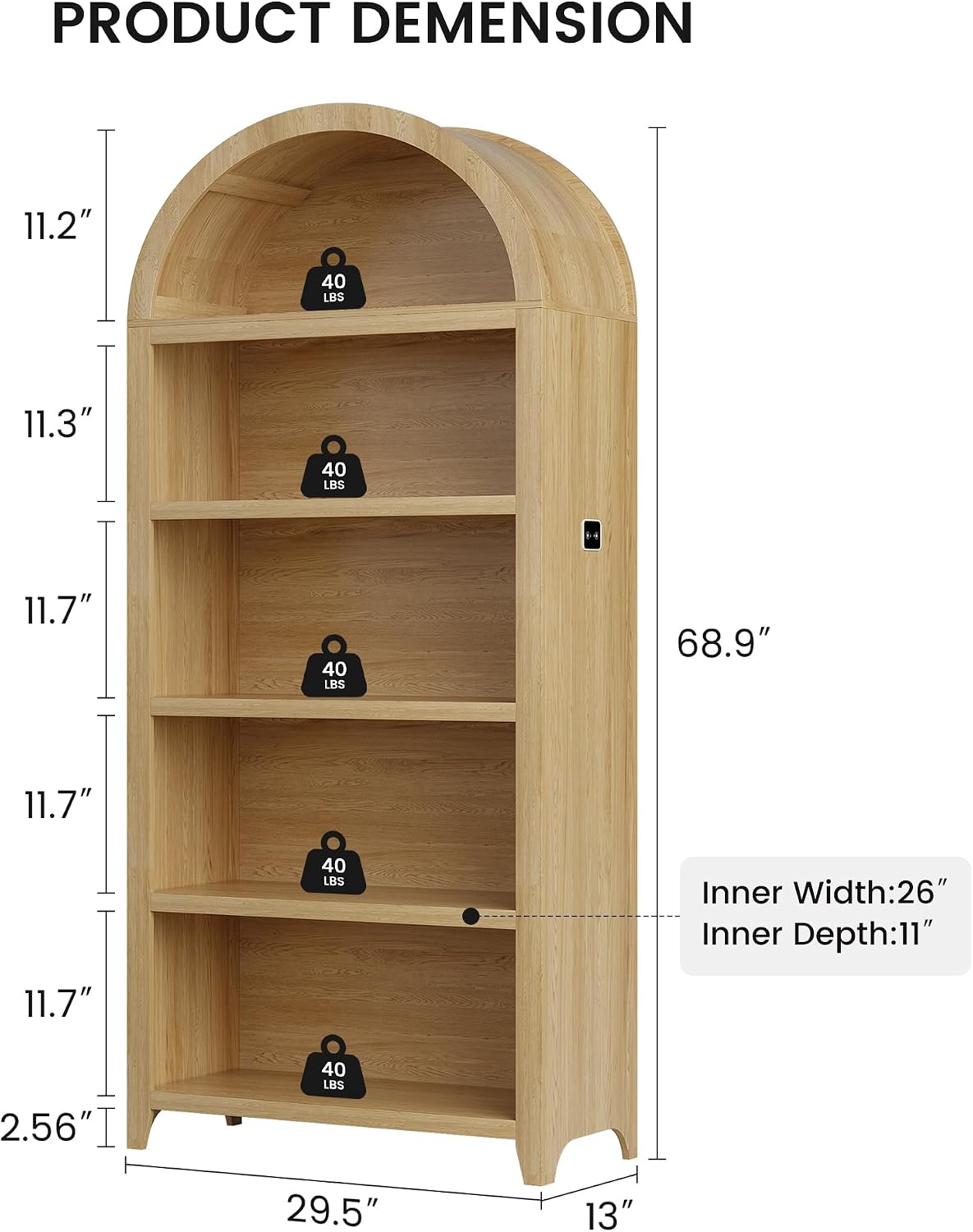 Arched Bookshelf with 5 Tiers and 3-Color LED Sensor Lights - Wood