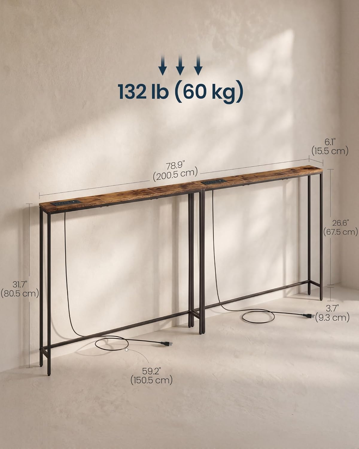 SONGMICS HOME Narrow Console Tables with Integrated Tabletops, Behind Couch Table with Power Outlets, for Entryway, Living Room, 78.9 Inches, Rustic Brown