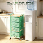 5 Tier Kitchen Storage Cart with Wheels, Utility Fruit Vegetable Storage Rack Stand with Pull-Out Baskets & Wood Top, Metal 4-Drawers Rolling Snack Cart, Kitchen Cart for Potato Onion(Green)