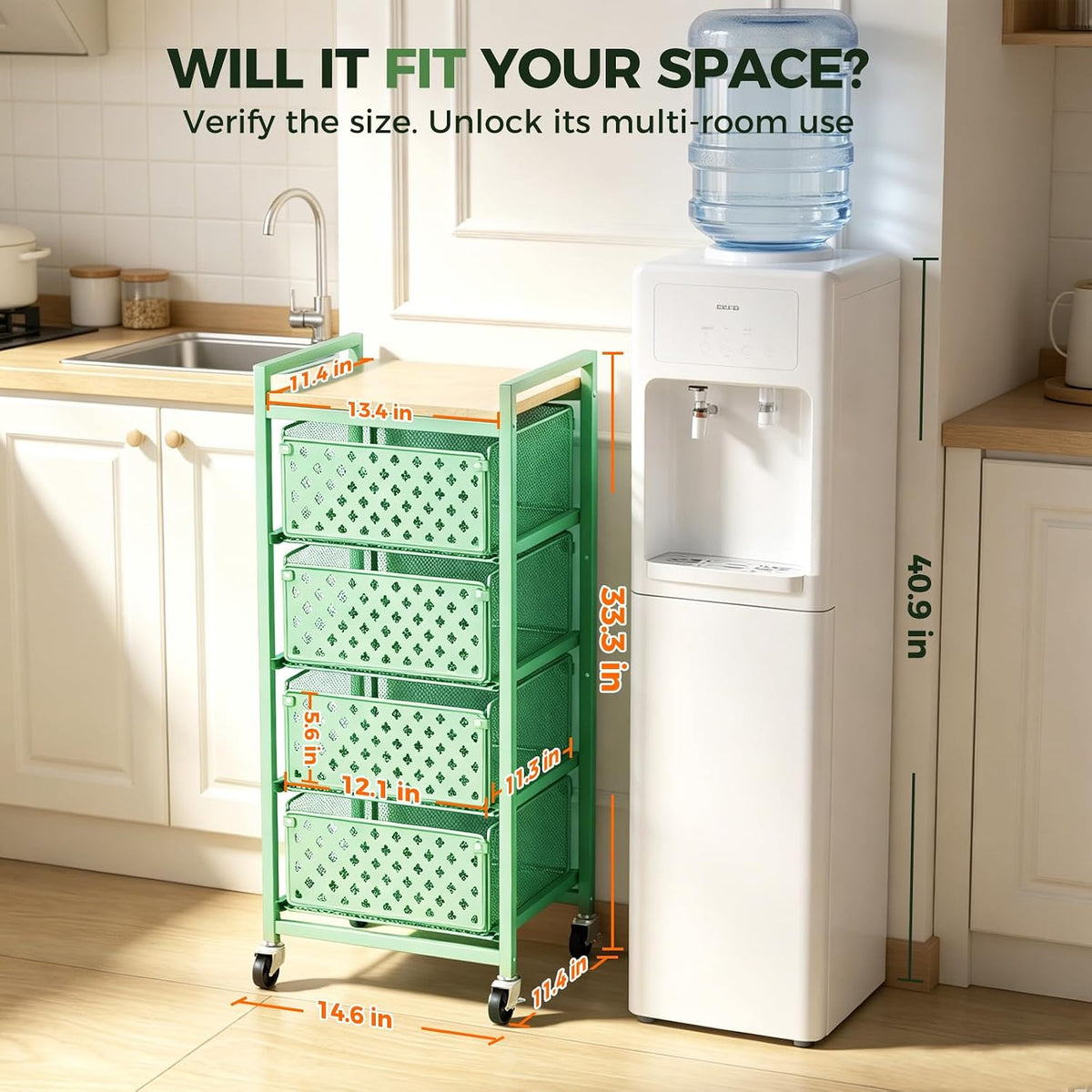5 Tier Kitchen Storage Cart with Wheels, Utility Fruit Vegetable Storage Rack Stand with Pull-Out Baskets & Wood Top, Metal 4-Drawers Rolling Snack Cart, Kitchen Cart for Potato Onion(Green)