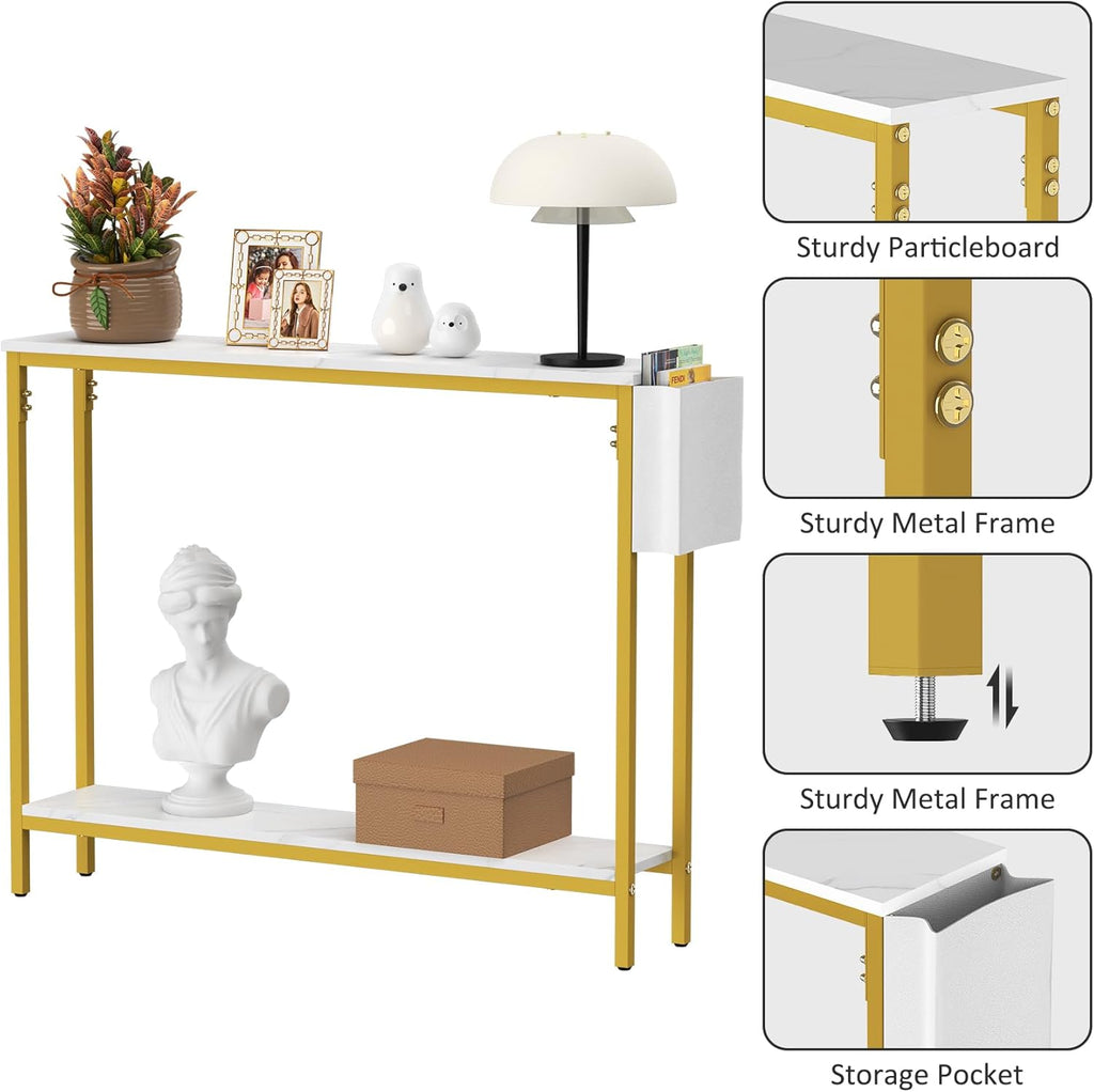 Bigbiglife 39.4" Console Entryway Table, 2-Tier Industrial Narrow Sofa Table with Storage Shelves for Hallway, Living Room, Bedroom, Foyer, Corridor, Office, Marble White and Gold