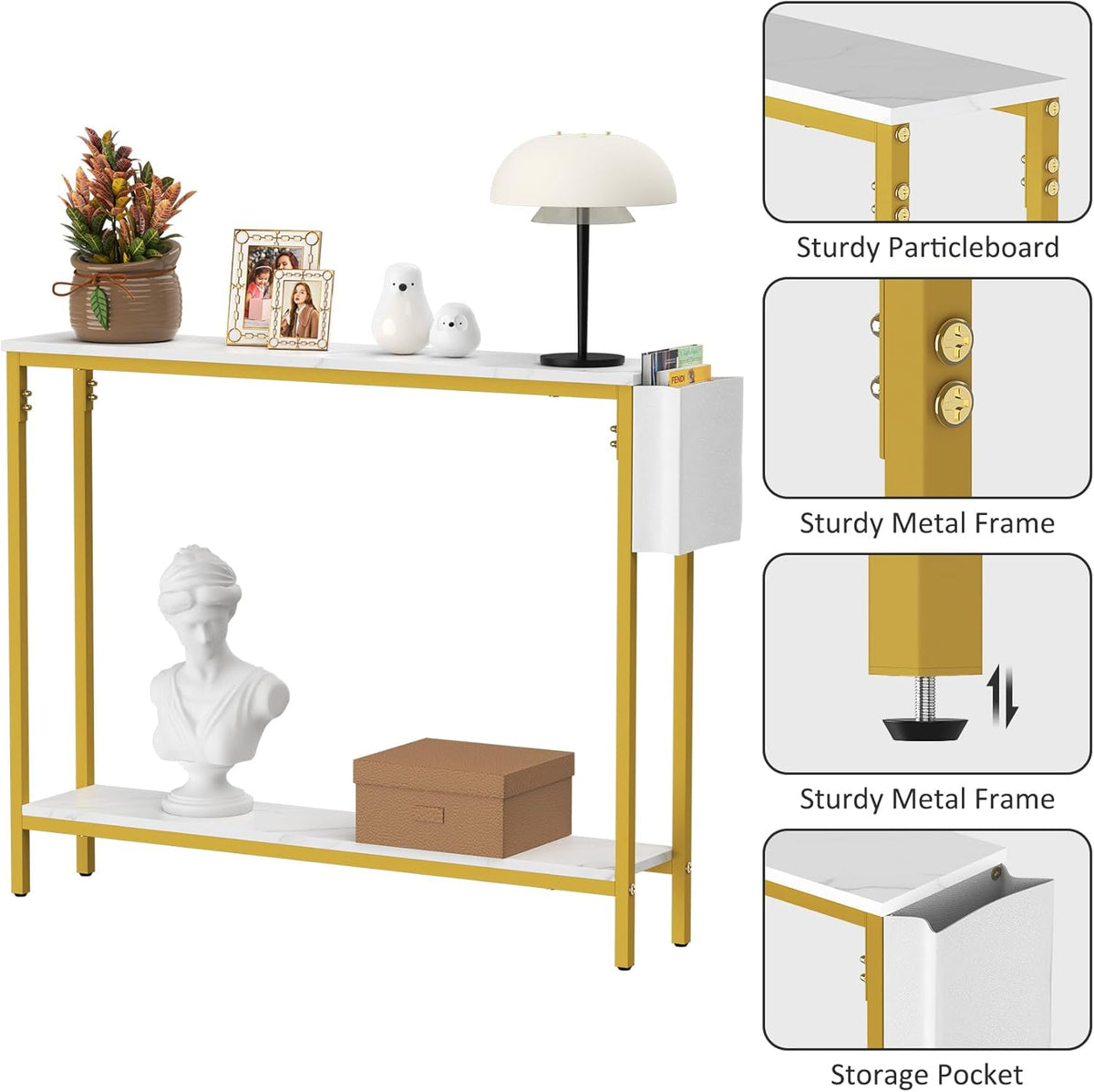 Bigbiglife 39.4" Console Entryway Table, 2-Tier Industrial Narrow Sofa Table with Storage Shelves for Hallway, Living Room, Bedroom, Foyer, Corridor, Office, Marble White and Gold