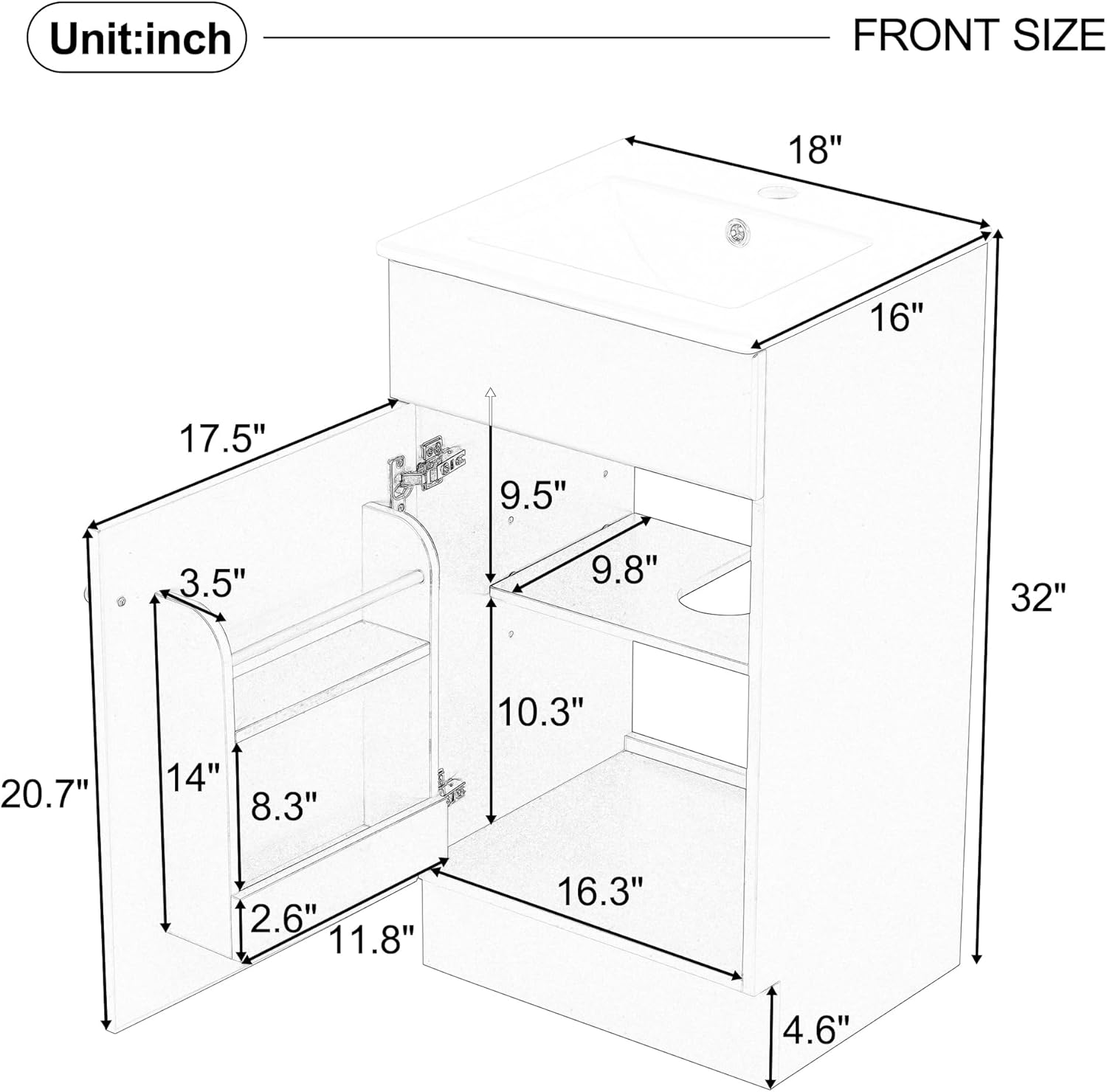 JIVOIT 18" Bathroom Vanity with Ceramic Sink, Vanity Cabinet with Door Shelf& Storage Rack & Adjustable Shelf, Soft Closing Door, Single Vanity Set for Small Bathroom