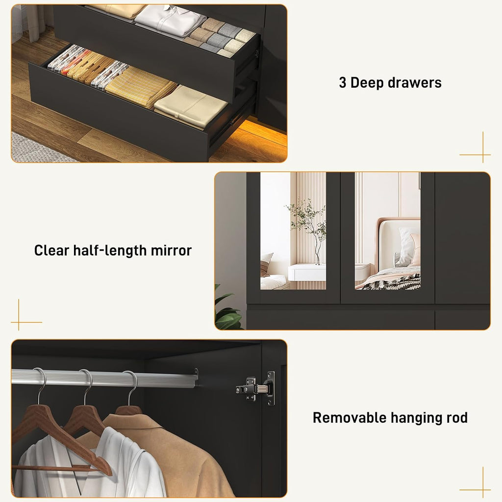 75"H Tall Modern 3 Doors Wooden Armoire Wardrobe Closet with 3 Drawers & 2 Mirror,Clothing Storage Cabinet with Hanging Rod,Bedroom Large Freestanding Armoires with Led Lights for Bedroom,Black