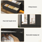 75"H Tall Modern 3 Doors Wooden Armoire Wardrobe Closet with 3 Drawers & 2 Mirror,Clothing Storage Cabinet with Hanging Rod,Bedroom Large Freestanding Armoires with Led Lights for Bedroom,Black