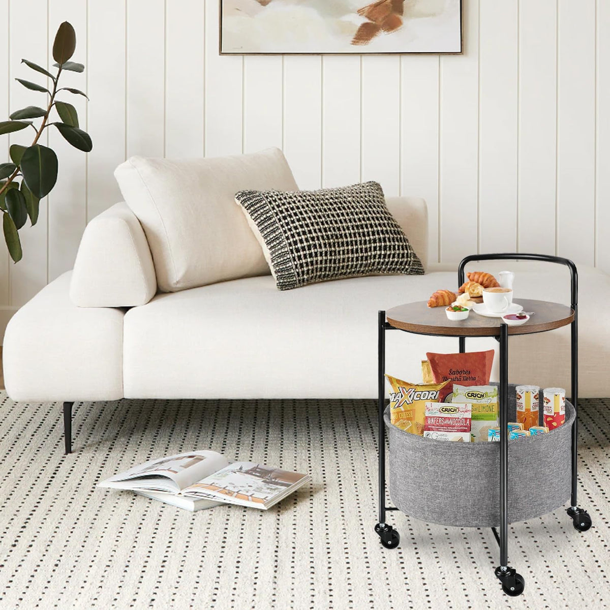 Rolling Round Metal Side Table,2-Tier Storage Side Table with Wheels,End Coffee Table with Steel Frame and Fabric Storage Basket,Cart Side Table Tray for Living Room,Bedroom,Wood Black