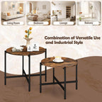 GOFLAME Nesting Coffee Table Set of 2, Round Coffee Tables with Wood Tabletop & Heavy-Duty Metal Frame, Modern Circle End Table & Side Tables, Nesting Tables for Living Room, Bedroom (Rustic Brown)