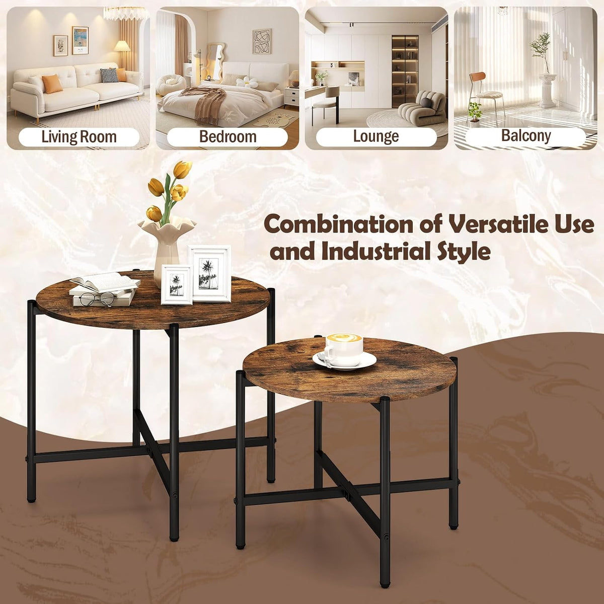 GOFLAME Nesting Coffee Table Set of 2, Round Coffee Tables with Wood Tabletop & Heavy-Duty Metal Frame, Modern Circle End Table & Side Tables, Nesting Tables for Living Room, Bedroom (Rustic Brown)