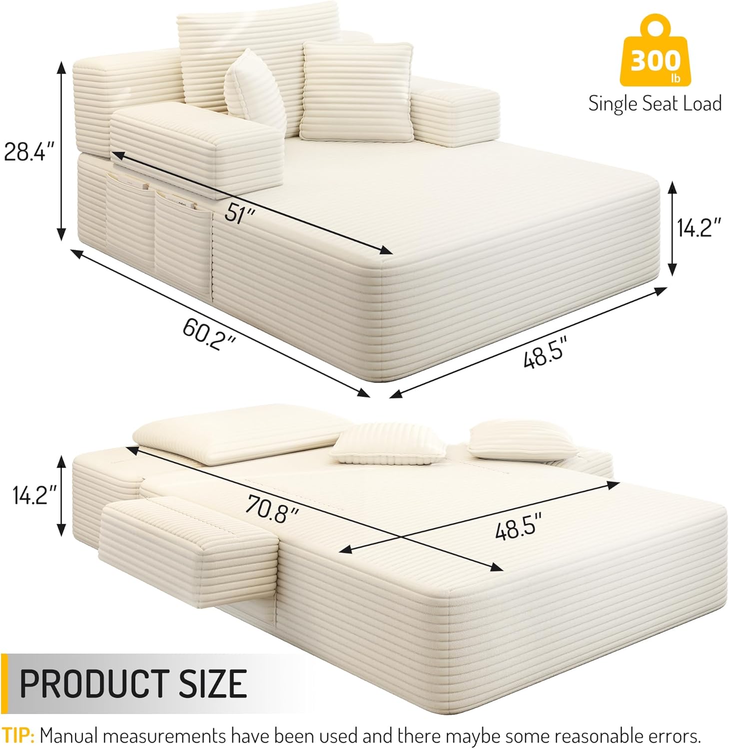 60.2 Inch Chaise Lounge Chair Indoor, Oversized Chaise Lounge with Adjustable Backrest and Armrests, Luxurious Corduroy Convertible Sofa Bed with Storage Pocket for Small Spaces, Apartment (Beige)