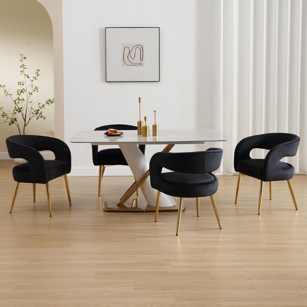 Hyfirm Black Barrel Dining Chairs Set of 4, Upholstered Velvet Dining Room Chairs with Gold Legs Hollow Back Modern Comfy Armchairs for Kitchen Recepition Restaurant