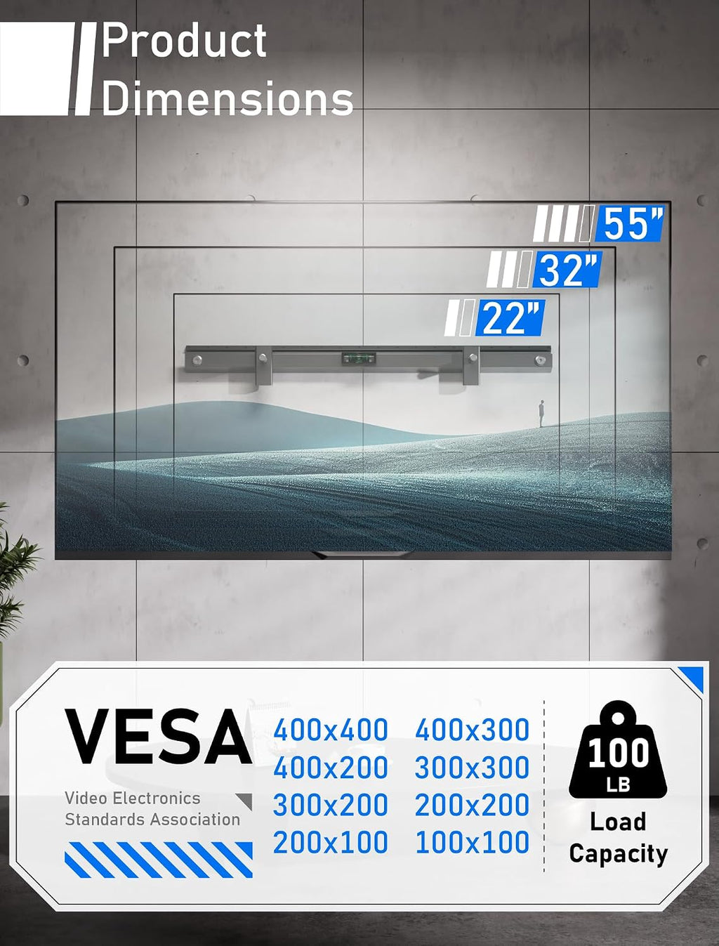 No Stud No Drill TV Wall Mount for 22-55 Inch Smart TVS up to 100lbs | Studless Drywall TV Mount, Flush Wall Mount, 1.2" Low Profile Fixed TV Bracket, Max VESA 400x400 mm, No Damage, Easy Install