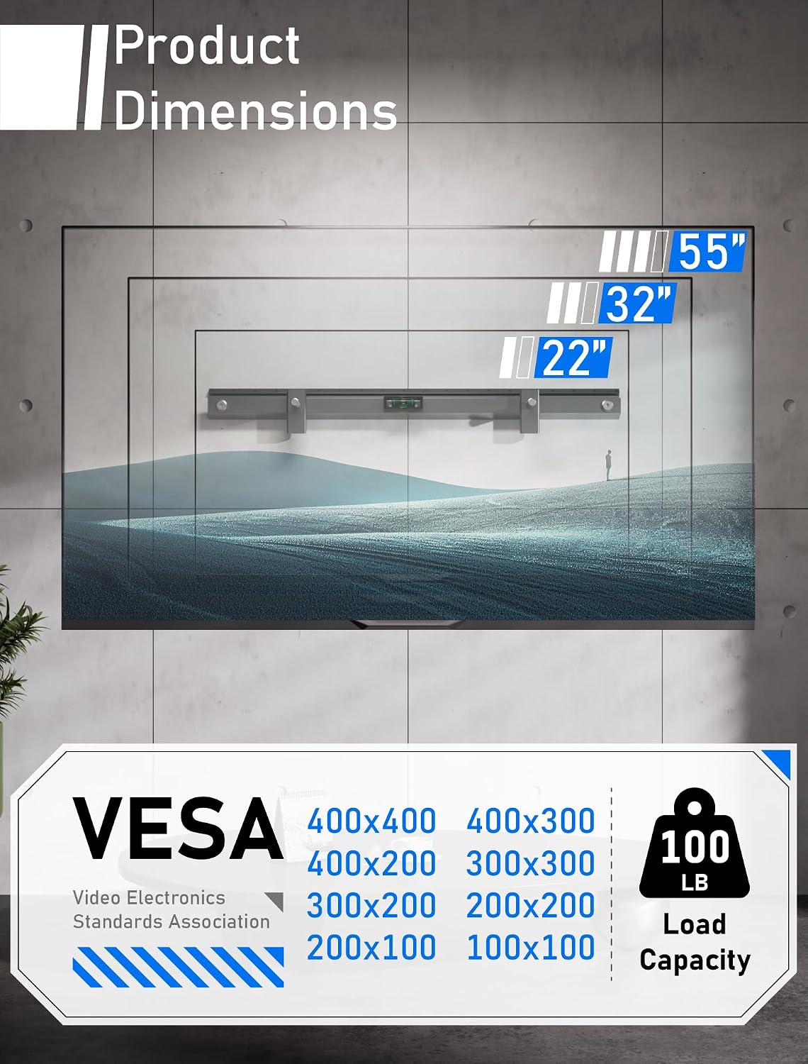 No Stud No Drill TV Wall Mount for 22-55 Inch Smart TVS up to 100lbs | Studless Drywall TV Mount, Flush Wall Mount, 1.2" Low Profile Fixed TV Bracket, Max VESA 400x400 mm, No Damage, Easy Install