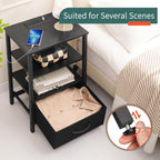 Yoobure Side Table with Storage, LED Night Stand with Charging Station, End Tables Living Room, Nightstand for Bedroom with Adjustable Fabric Drawer, 3-Tier Wood Bedside Table, Black