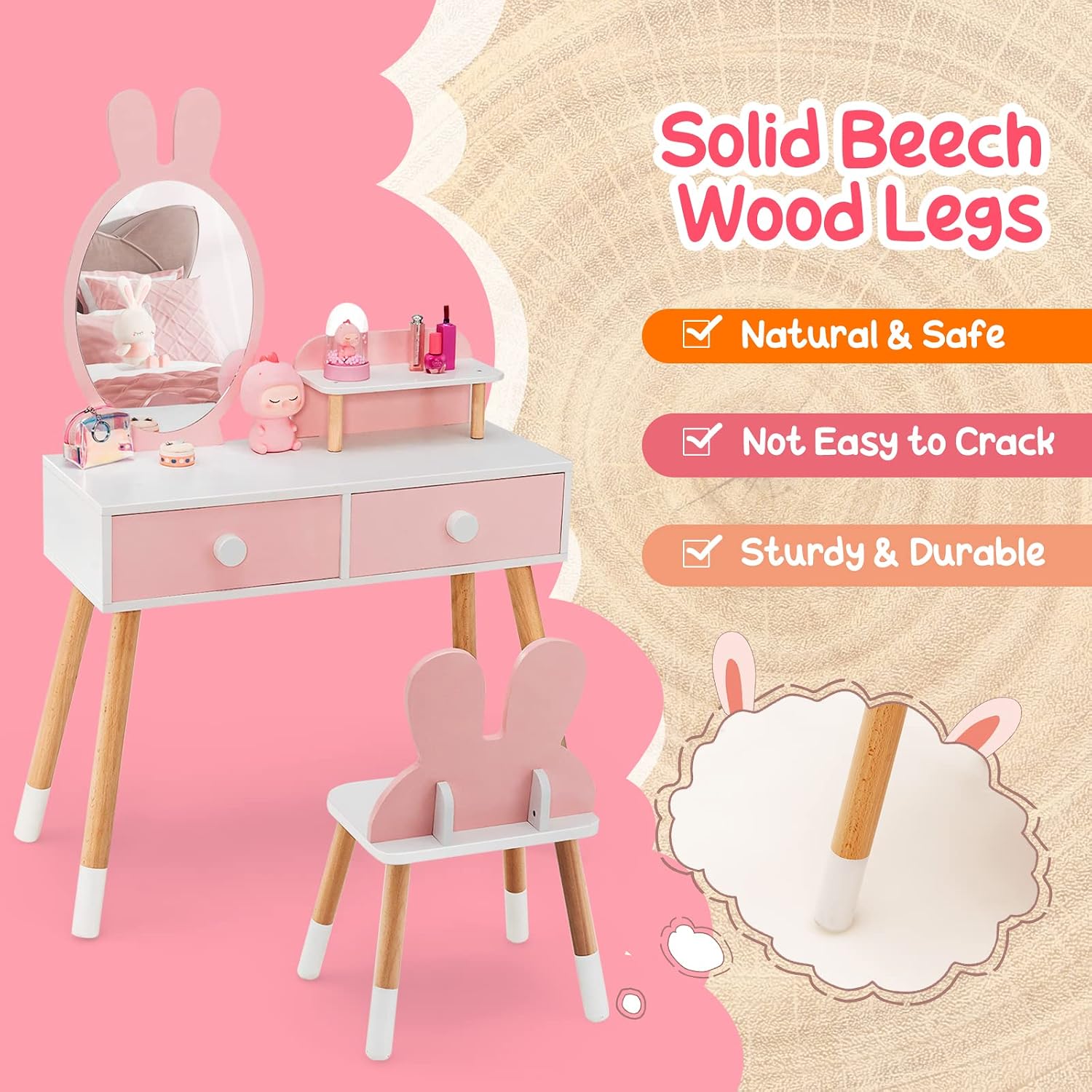 Costzon Kids Vanity, Girls Vanity Set with Mirror & Stool, 2 Large Drawers, Storage Shelf, Wooden Princess Makeup Dressing Table, Kids Vanity Table and Chair Set (Pink)