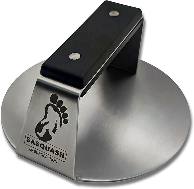The Sasquash - 6" Heavy Duty Extra Wide Flat Handle Smashed Burger Press - Commercial Grade Welded Stainless Steel Burger Smasher (6 Inch 'Indestructo' Press)