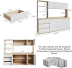 Bobve Large Kitchen Hutch Cabinet with Microwave Stand, Storage Cupboard Pantry with 3-Tier External Shelves and 3 Drawers, Ktichen Food Pantry with Open Countertop for Dining Room, White + Walnut