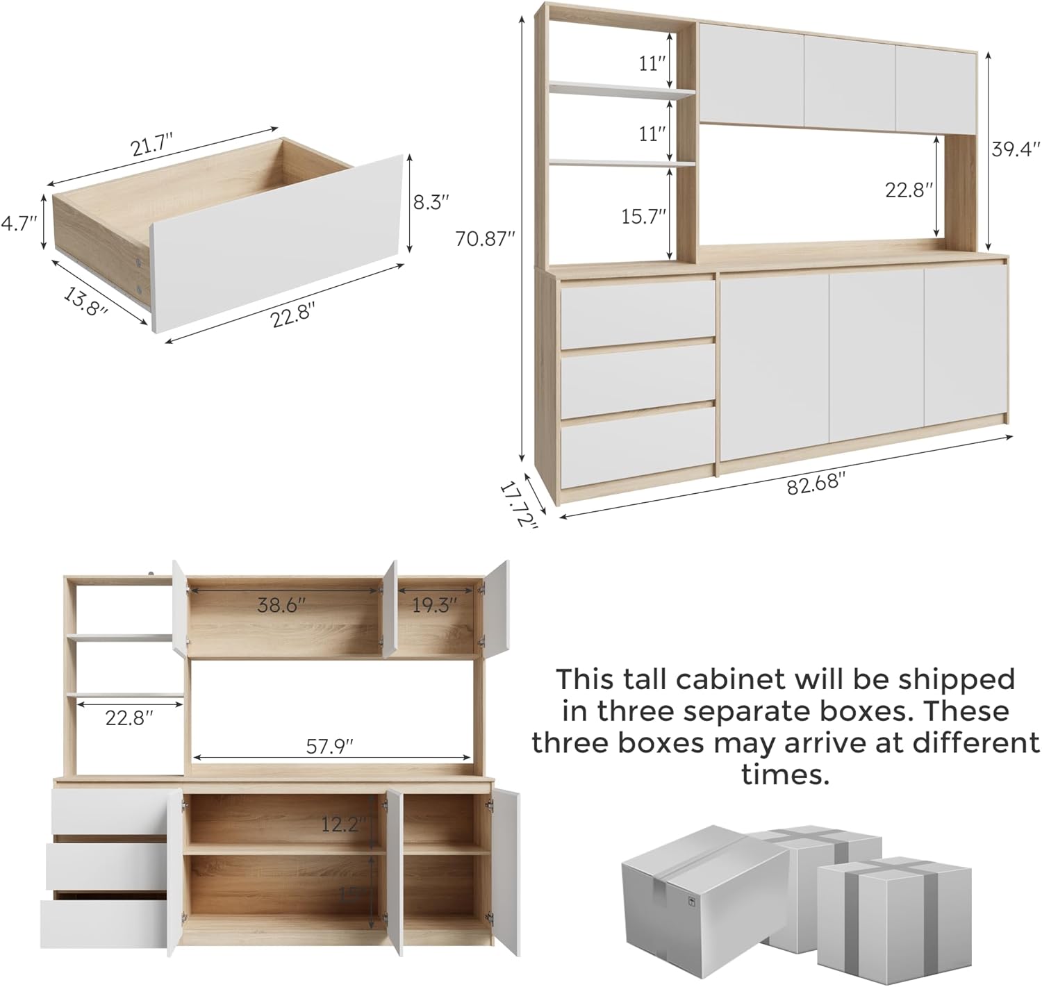 Bobve Large Kitchen Hutch Cabinet with Microwave Stand, Storage Cupboard Pantry with 3-Tier External Shelves and 3 Drawers, Ktichen Food Pantry with Open Countertop for Dining Room, White + Walnut