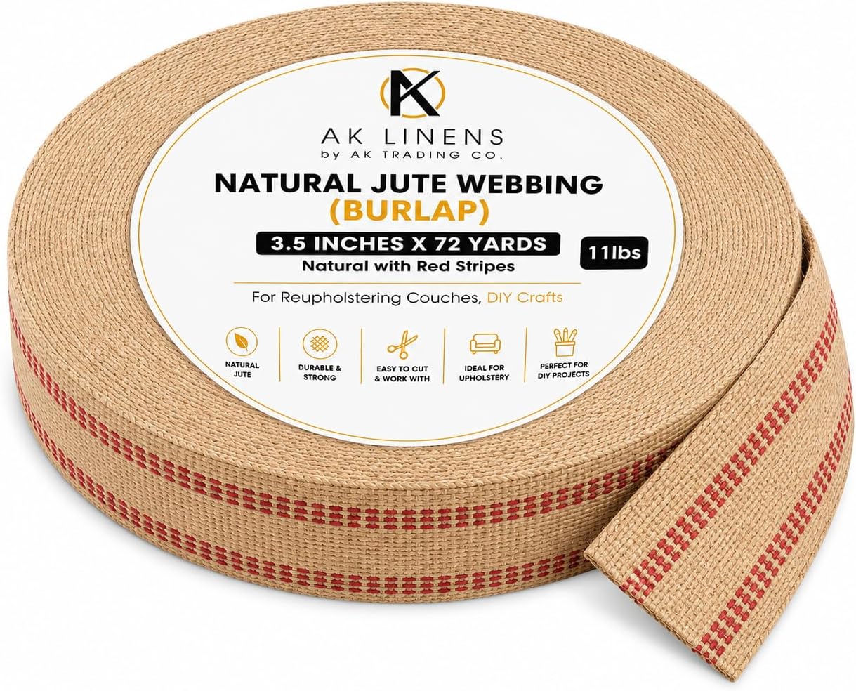 AK TRADING CO. Natural Jute Webbing (Burlap) 3.5 Inches X 72 Yards - Natural with Red Stripes for Reupholstering Couches, DIY Crafts, Bagels Boards and More