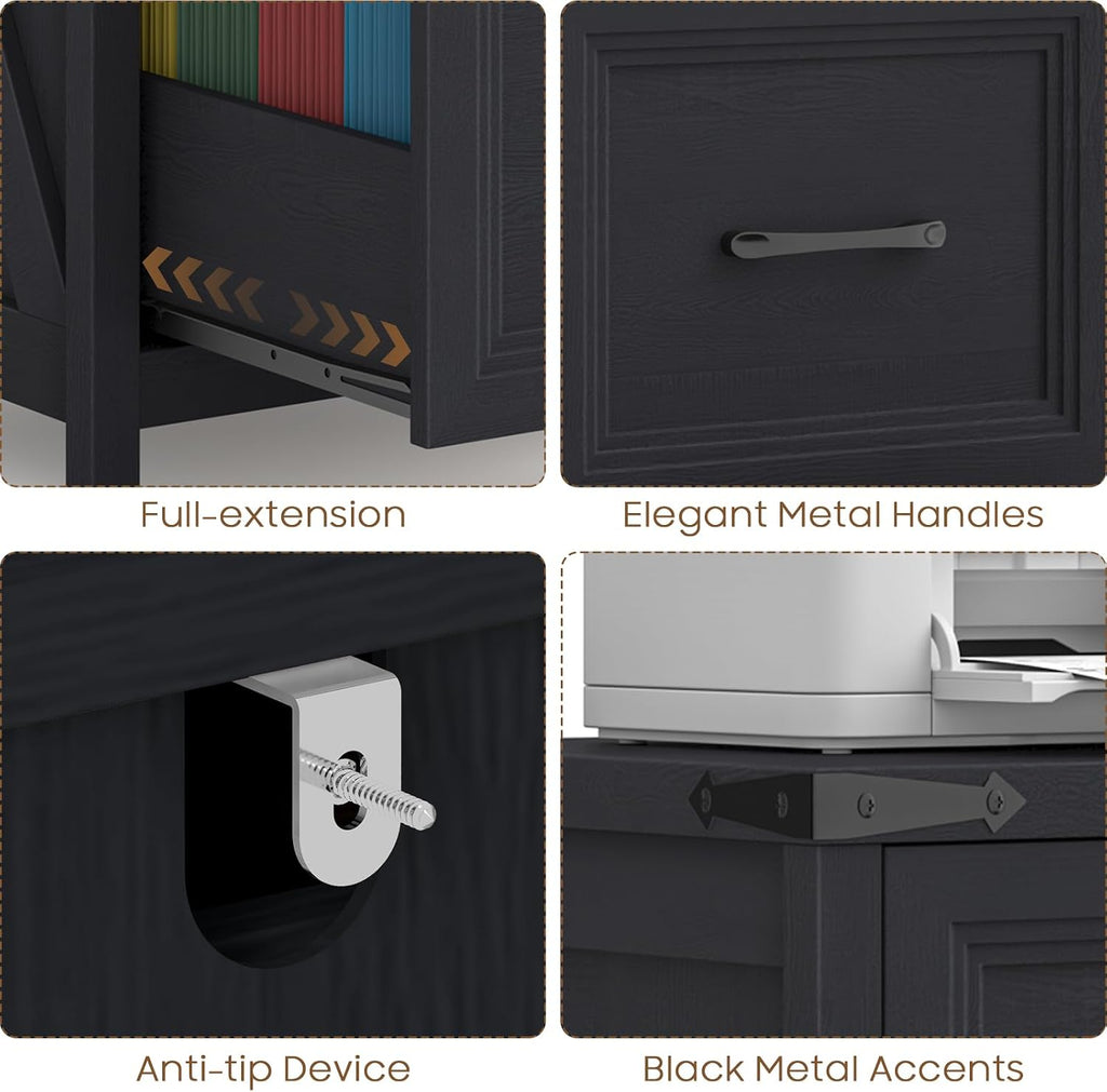 Vabches 2 Drawer Vertical File Cabinet, Wood Farmhouse Cabinet, Black | Filing Cabinet Fits A4/Letter Size, Under Desk Small File Cabinets Printer Stand with Storage for Home Office