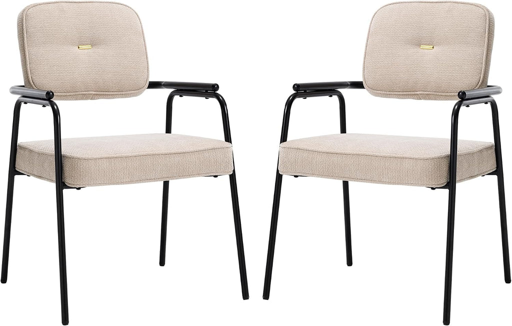 HENGJIANYI Accent Chair Dining Chair Set of 2, Chenille Upholstered Armchair Reading Side Chair, Comfy Living Room Chair with Black Metal Legs for Bedroom Waiting Room, Beige