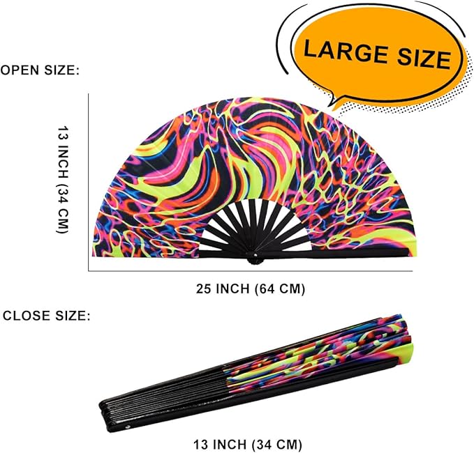 Amajiji Rave Folding Hand Fan Popping Fans for Line Dancing, Large Clacking Fans Clap Fan for Boots On The Ground Dance,Party,Decoration,Festival (Psychedelic Neon)