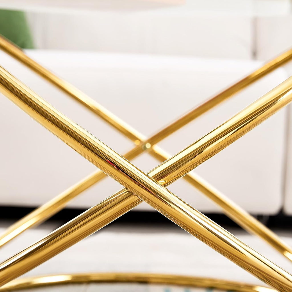 BECHAEO 19.7" Round Glass Gold Side Table with Gold-Plated Metal Ring-Shaped Frame for Living Room, Modern Round Glass End Table Nightstand for Bedroom, Small Side Table for Small Spaces