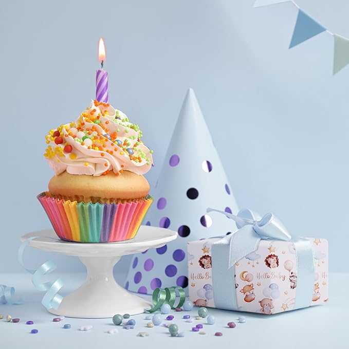 Aimyoo Baby Shower Wrapping Paper Roll - 17 Inch x 16.4 Feet - Cute Animal with Hello Baby Letter Design Perfect for Boys Girls, Birthday, Party