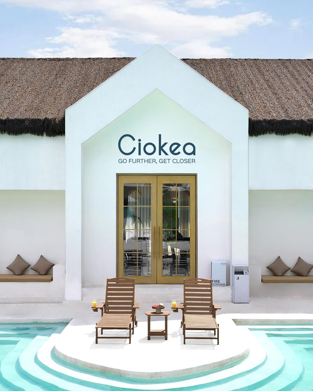 Ciokea Lounge Chair Outdoor, Oversized Chaise Lounge Chair with 5 Positions, HDPE, Patio Lounge Chair with Wheels & Cup Holder for Pool, Deck, Poolside, Teak