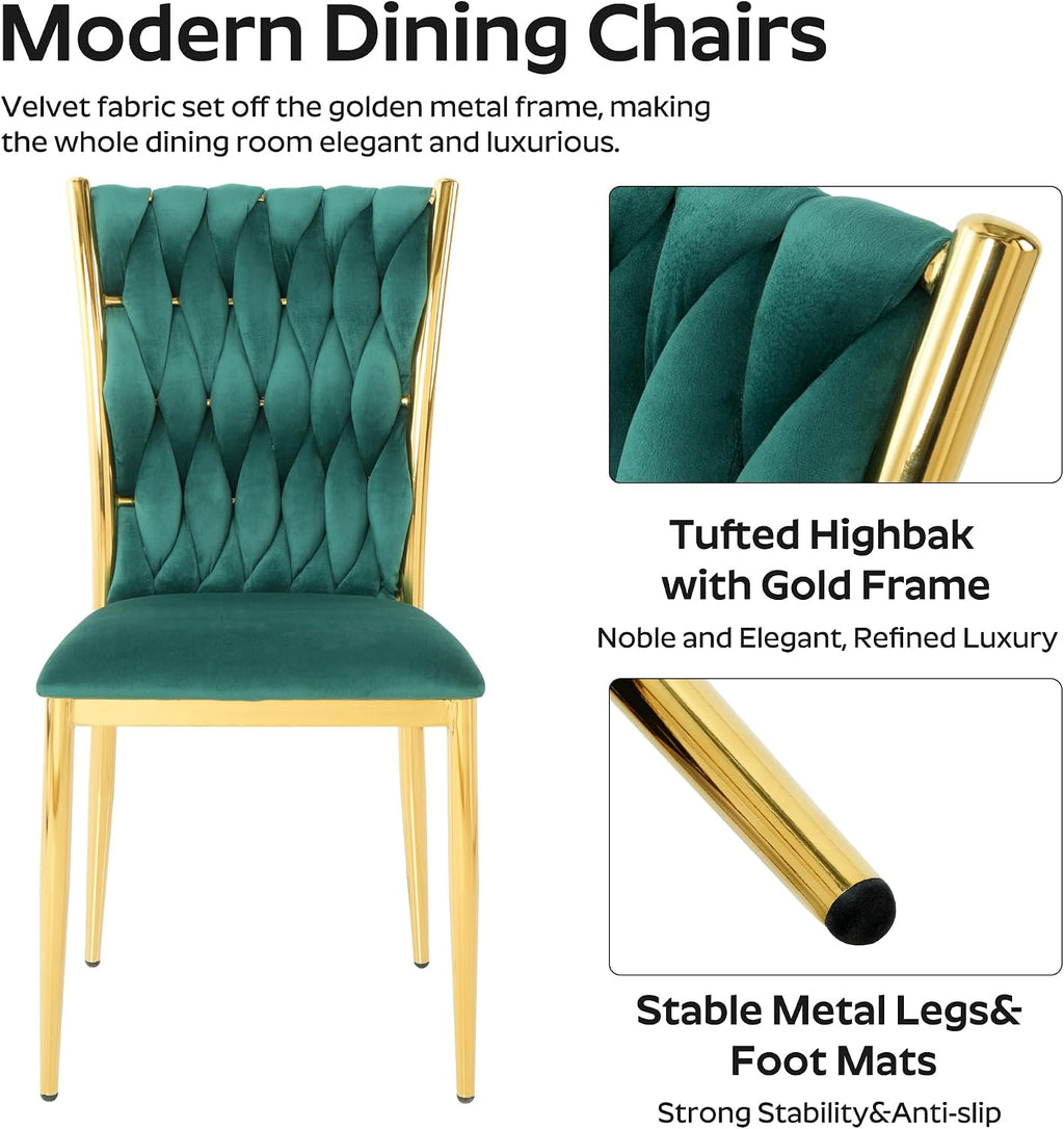Velvet Dining Chairs Set of 6, Woven Upholstered Dining Chairs with Gold Metal Legs, Modern Accent Chairs for Living Room, Dining Room, Kitchen(Green)