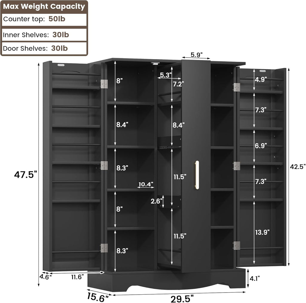 kepptory 47" Kitchen Pantry, Farmhouse Storage Cabinet with Barn Doors, Organizer, Pantry Cabinet with Lock Door and Adjustable Shelves, Rustic Wood Cupboard for Kitchen, Dining Room, Bathroom, Black