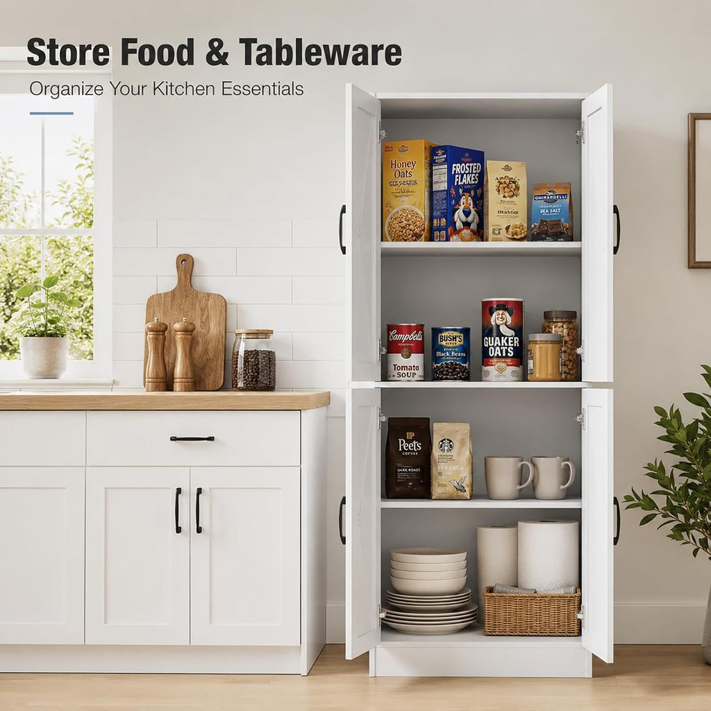 Kitchen Pantry Storage Cabinet, 68" Tall White Food Pantry Cabinet with Doors and Adjustable Shelves, Freestanding Farmhouse Storage Cabinet for Kitchen, Dining Room, Bathroom, Laundry Room (White)