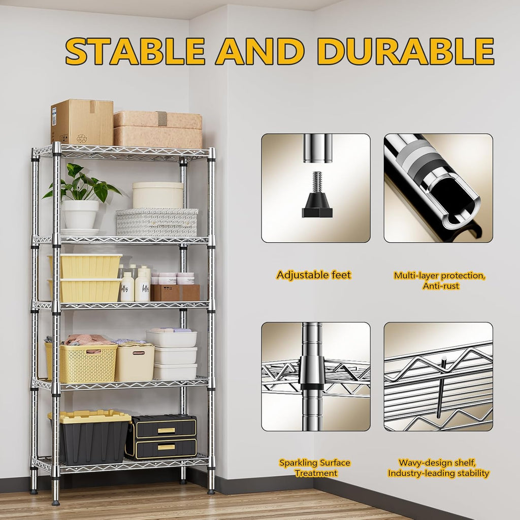 M MZG 1250 lbs 5 Tier Shelf Metal Storage Shelves Shelving Wire Rack Heavy Duty Closet Organizers for Garage Kitchen Bathroom Laundry Chrome 13.8" D x 29.5" W x 59.5" H