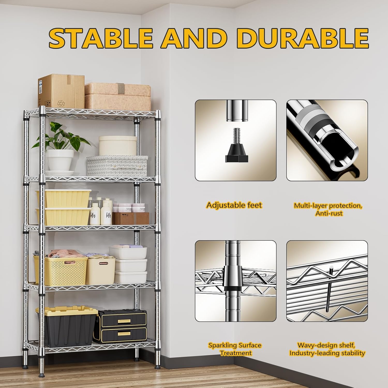 M MZG 1250 lbs 5 Tier Shelf Metal Storage Shelves Shelving Wire Rack Heavy Duty Closet Organizers for Garage Kitchen Bathroom Laundry Chrome 13.8" D x 29.5" W x 59.5" H