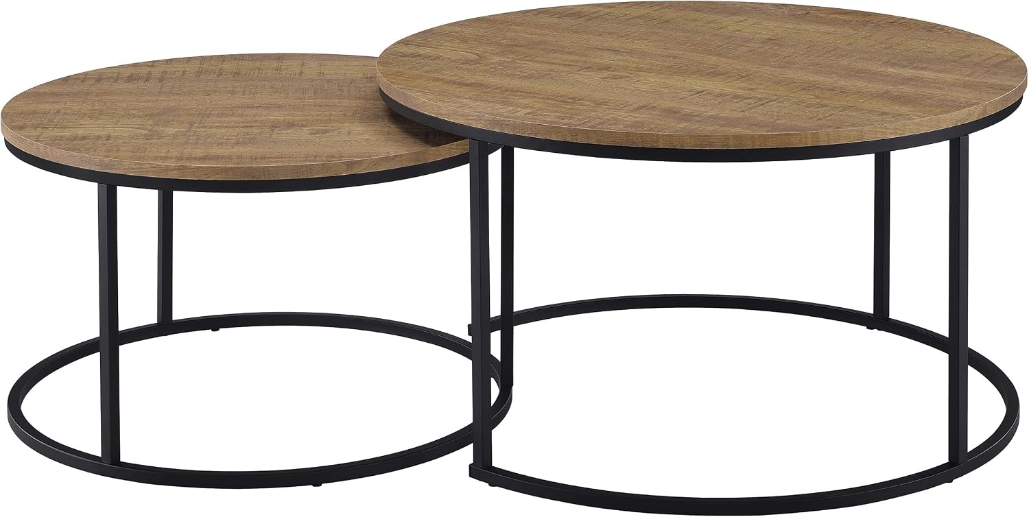 35" Textured Mango Wood Nesting End Table, Nesting End Tables with Open Metal Frame, Coffee Table Set with Flexible Layout for Modern Indoor Lounge Areas, Mango Color