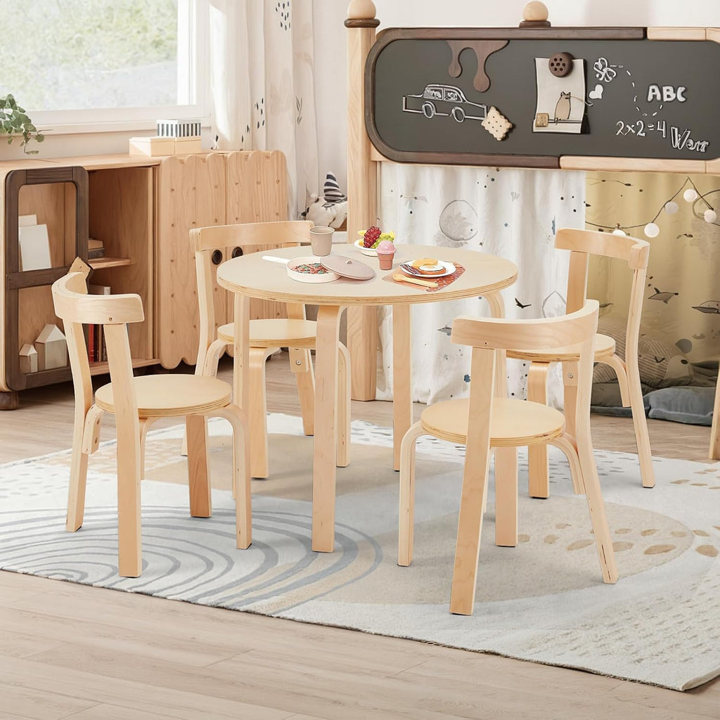 Kids Table and 4 Chairs Set - Round Table and Chair Set for Children, EN71 Certified, Birch Veneer - Wooden Dining Play Set for Children, Durable Wooden Play Table and Chairs, Solid Wood