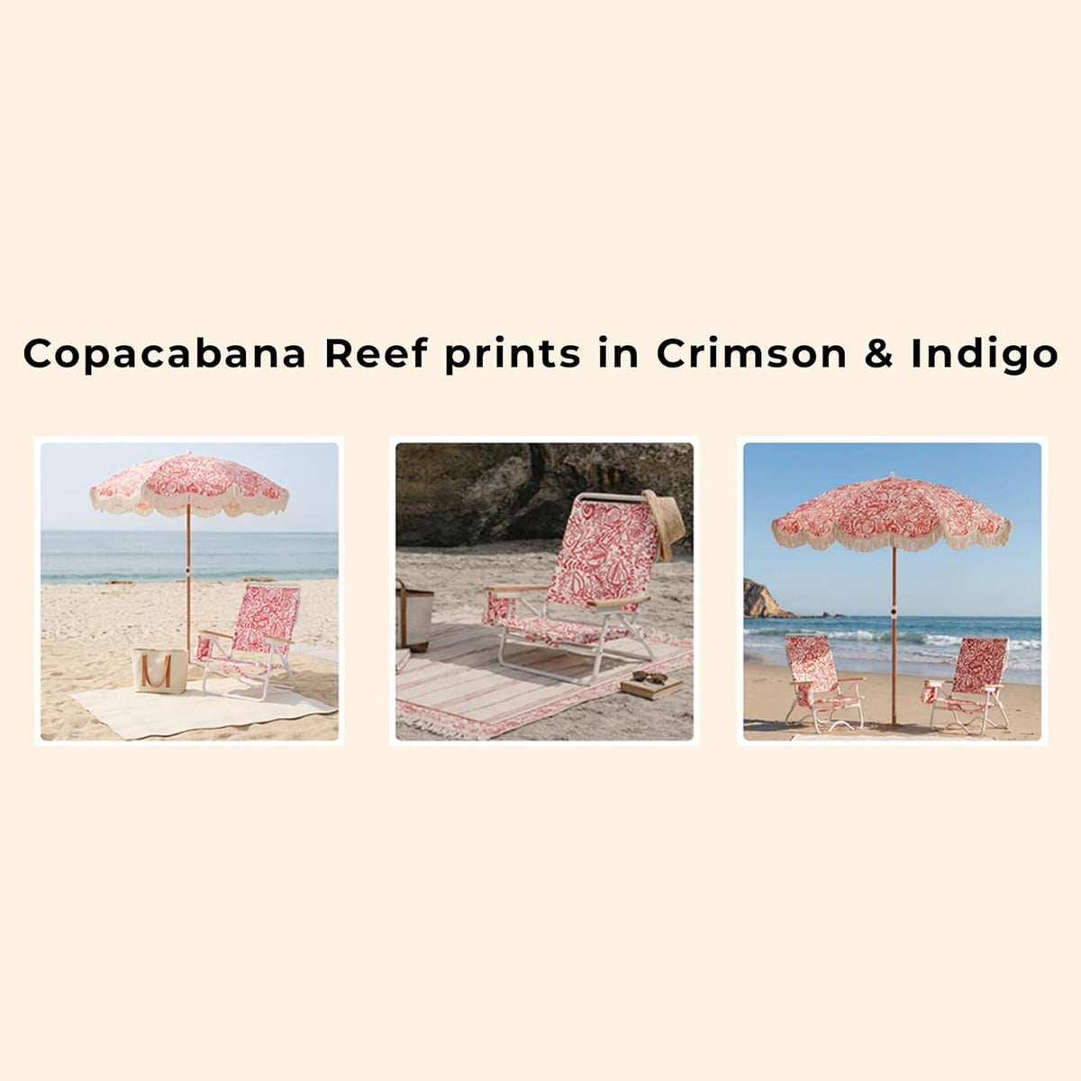 5-Position Low Beach Chair, Portable Lightweight Folding Beach Chair with Wooden Armrests, Storage Pouch & Carry Strap, Coastal Beach Print – Reef Crimson