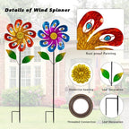 2 Packs Wind Spinners Outdoor, Metal Wind Sculptures & Spinners with Stake, Colorful Flower Windmill for Yard Patio Lawn Garden Decor, 36 x 9 Inches