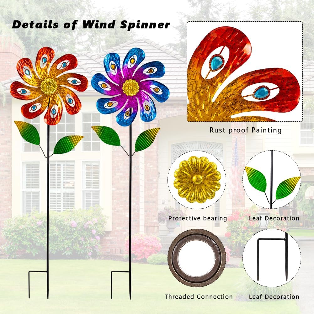 2 Packs Wind Spinners Outdoor, Metal Wind Sculptures & Spinners with Stake, Colorful Flower Windmill for Yard Patio Lawn Garden Decor, 36 x 9 Inches