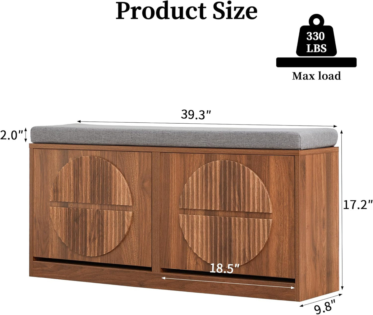 Narrow Shoe Storage Bench for Entryway, Wooden Shoe Cabinet with Flip Drawers& Adjustable Shelves, Shoe Rack Bench with Cushion, Shoe Organizer with Fluted Pattern for Hallway, Living Room (Walnut)