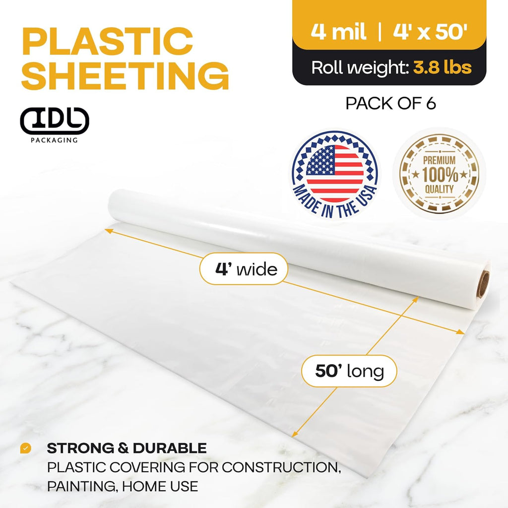 Plastic Sheeting 4 mil, 4' x 50' (200 sq.ft.), Pack of 6 - Thick Semi-Clear Plastic Sheeting for Construction, Painting, Drop Cloth, Slide&Slip - Heavy Duty LDPE Film Roll by IDL Packaging