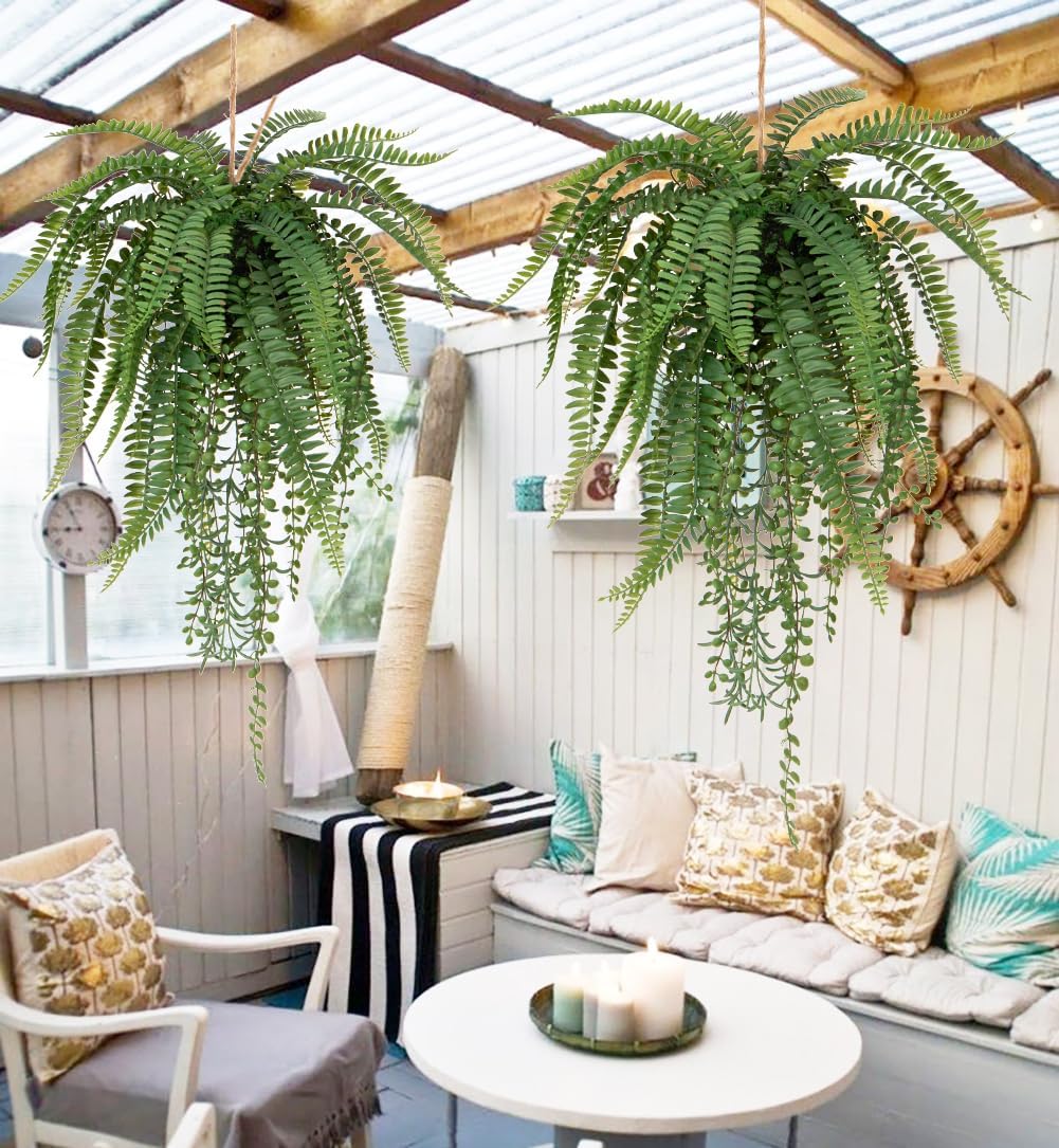 Large Mixed Fern Faux Hanging Plants, Realistic Artificial Plants with Hemp Rope Moss, Indoor for Home Bedroom Bathroom Porch Window Sill Decor, 25.6 Inches Tall, 1 Count