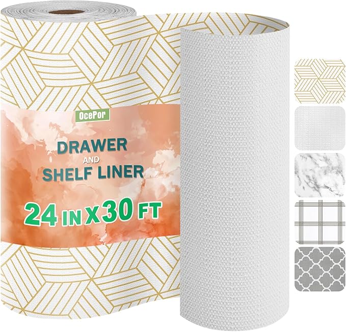 OcePor Non-Adhesive Drawer and Shelf Liner 24IN x 30FT，Non Slip Cabinet and Cupboard Liner, Kitchen Cabinet Liners for Shelves, Waterproof Drawer Shelf Liners for Cabinets/Bathroom Cupboard