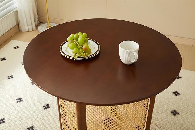 Small Round Coffee Table – 31.5" Solid Wood & Rattan Coffee Table, Modern Rustic Low Accent Table for Living Room, Boho Style, Walnut Height 29"